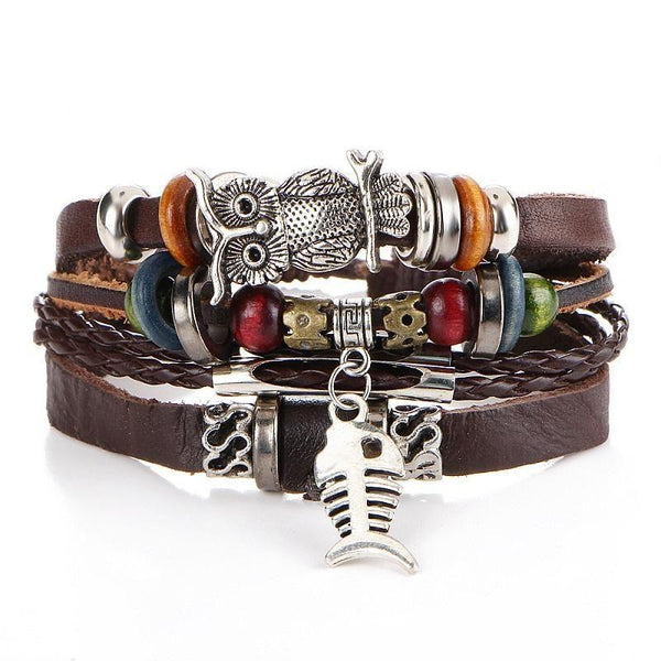 New beaded fish bone owl color stone leather multi-layer bracelet retro punk bracelet