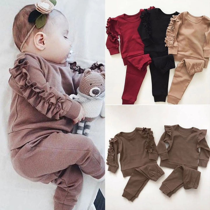 Newborn Baby Boys Girls Ruffles Jumper Solid Long Sleeve Sweatshirt Tops Pants Infant Kids 2Pcs Outfits Clothes Set Fall Clothes - Exquisitetrends