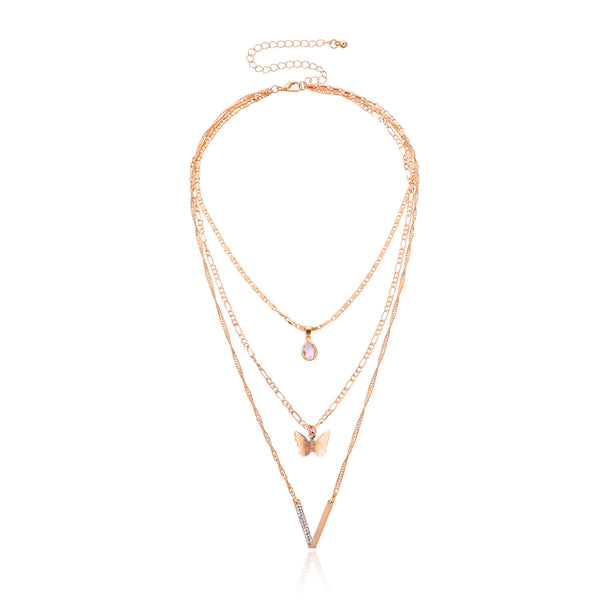 A Multi layer Necklace With Diamond V shaped Butterfly Drop Drop Pendant