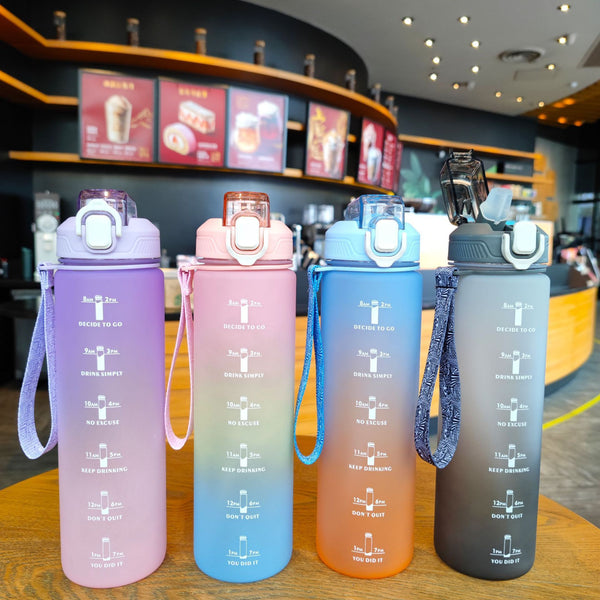 Gradient Plastic Duckbill Straw Sports Water Bottle – 1000ml Leak-Proof Design