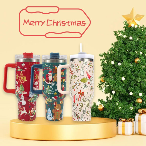 Christmas Pattern Stainless Steel Tumbler with Handle, Lid & Straw Vacuum-Insulated Travel Coffee Cup (Large Capacity)