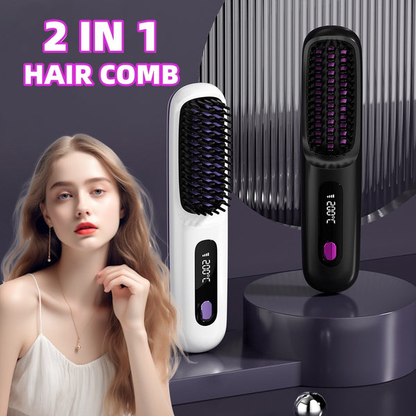 2 In 1 Straight Hair Comb Wireless Hair Straightener Brush – Fast Heating & Portable
