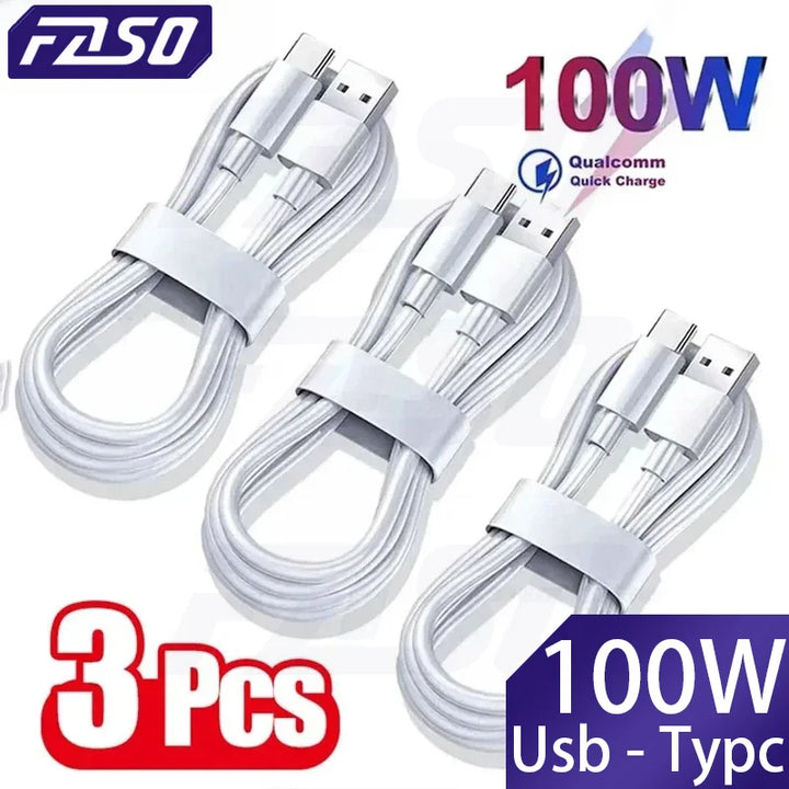 FASO 1-3PCS 10A 100W Type C Super Fast Charging Cable Data Cord For Samsung Huawei Xiaomi Redmi Quick Charing USB C Cables - Exquisitetrends