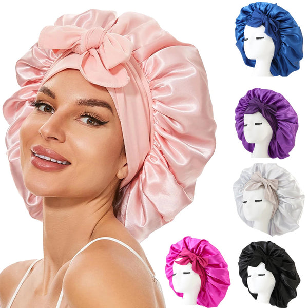 Double Layer Satin Sleep Bonnet with Adjustable Tie for Curly Hair