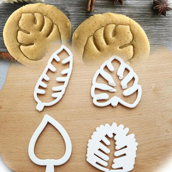 4pcs Leaf Biscuit Mold 3D Cookie Plunger Cutter Pastry Decorating DIY Food Fondant Baking Mould Tool Tropical Leaves Embossing