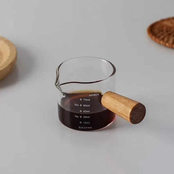 Glass Measuring Cup Wood Handle Glass Espresso Measuring Cup Single Milk Coffee Clear Jug  - double mouth