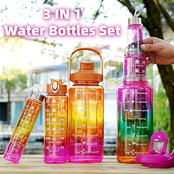 3-in-1 Gradient Motivational Water Bottle Set Translucent Sports Bottle with Straw