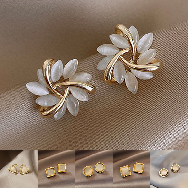 Cat’s Eye Flower Earrings High Sense Opal & Geometric Design