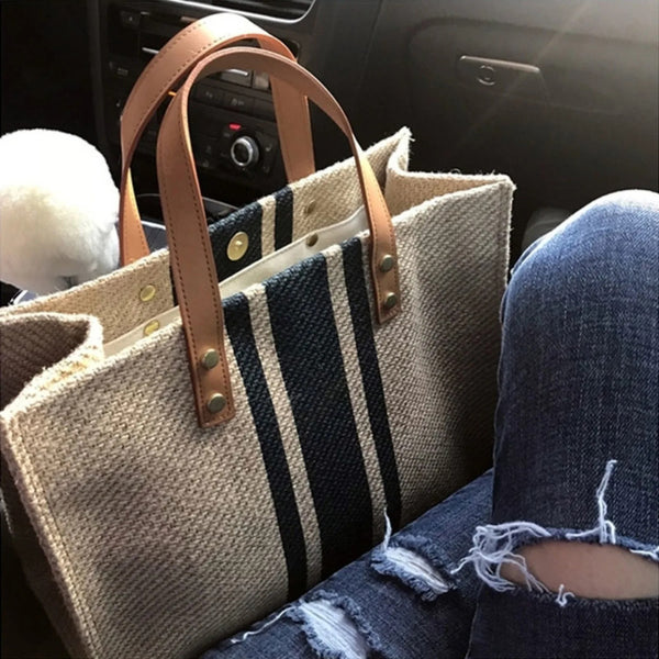 Simple Canvas Stripe Decoration Bucket Tote Bag