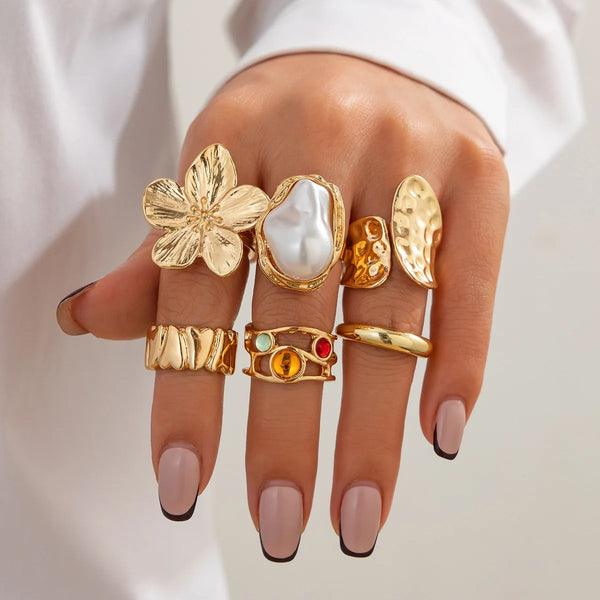 6pcs New Adjustable Rings Set Imitation Pearl Open Ring Set - Exquisitetrends