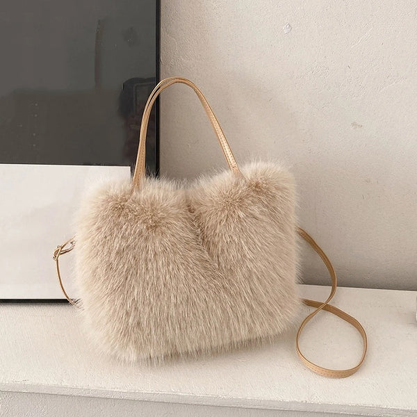 Faux Fur Tote Bag Women's Bucket Plush Luxury Design Ladies Handbag
