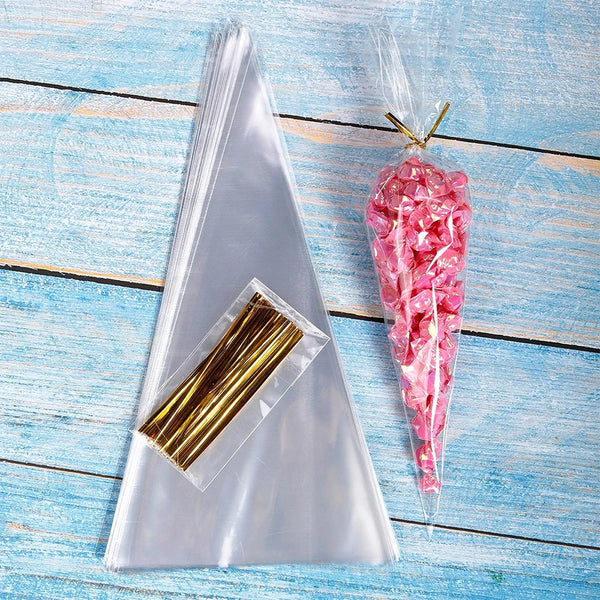 50pcs Candy Bags Cellophane Popcorn Bags Cone Cookies Storage Bags with Gold Twist Ties